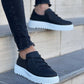 KB-X502 Kuback Black Leather High White Sole Lace Detail Elastic Daily Men's Shoes